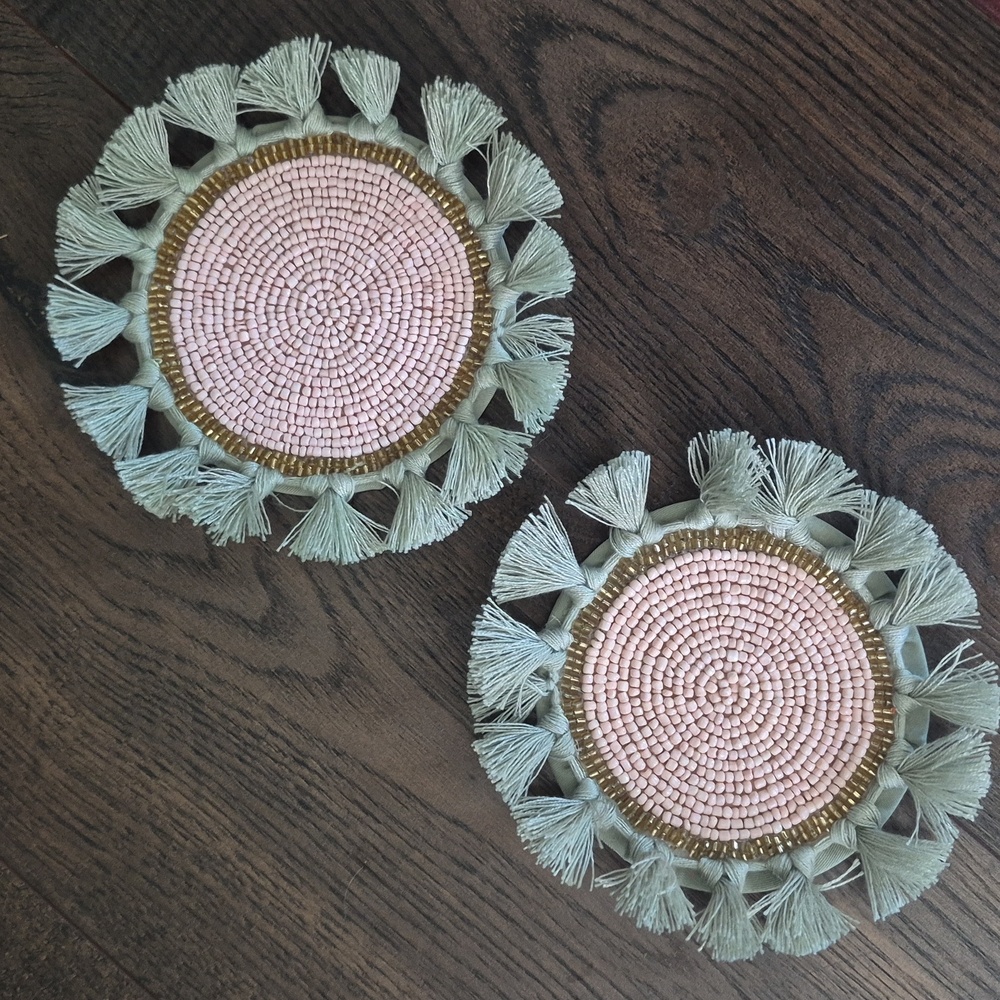 2 Boho Coasters With Pink and Gold Beads and Green Tassels
